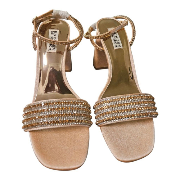 Badgley Mischka Embellished Block Heel Sandals Tan/Gold Size 8.5 - Picture 3 of 12